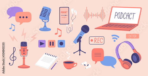 Set of record studio device. Laptop, headphones, microphones, speaker. Concept of podcast, radio, broadcasting. Hand drawn vector illustration isolated on light background. Flat cartoon style.