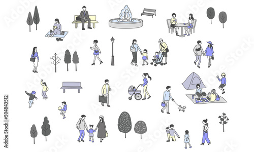 公園で過ごす人々線画イラストセット