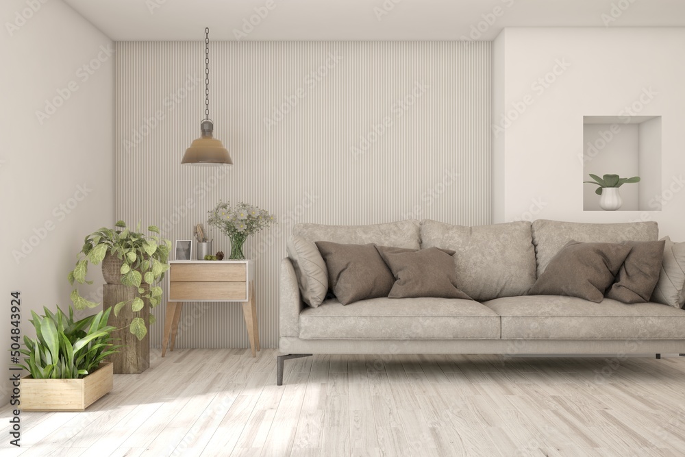 Fototapeta premium Stylish room in white color with sofa. Scandinavian interior design. 3D illustration