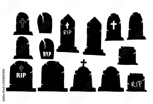 Tombstone set, Halloween graveyard silhouette isolated on a white background. Template for plotter lazer cutting