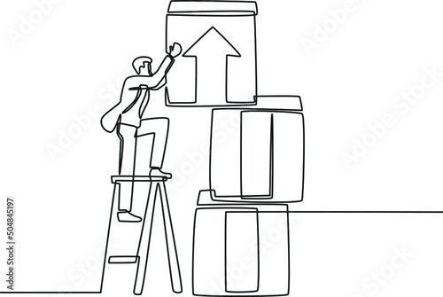 Single one line drawing of businessman using ladder arrange arrow boxes. Success business growth strategy minimal concept. Modern continuous line draw design graphic vector illustration.