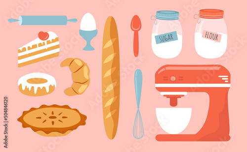 vector illustration in a flat style - a set of pictures on the theme of baking. Mixer, flour, pastries,  products and tools for baking