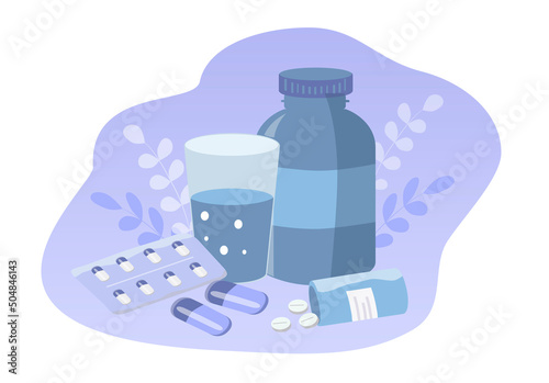 vector illustration on the theme of pharmacy, drugstore, medicines, drugs, vitamins. various tablets, pills, tubes and jars of medicines and glass of water