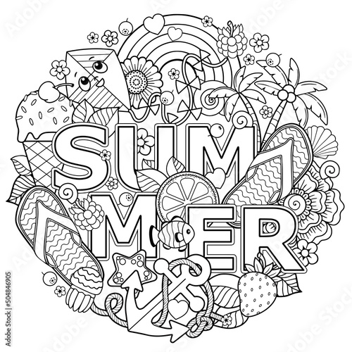 Doodle vector coloring page for adult. Set of summer elements for holidays, party and rest