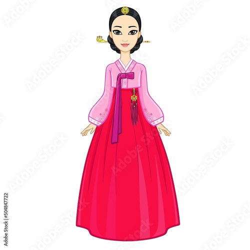 Animation portrait of the young Korean girl in an ancient suit. Full growth. Vector illustration isolated on a white background.