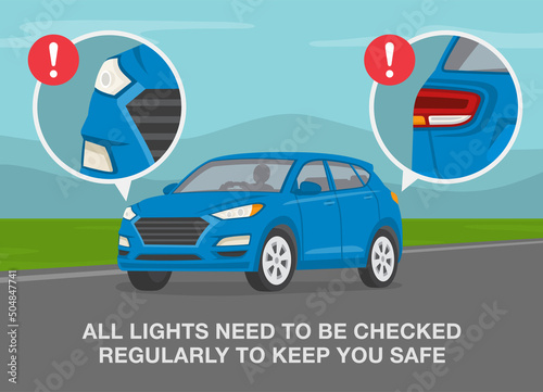 Safe driving rules and tips. All lights need to be checked regularly to keep you safe. Front and back lights. Blue suv car on a country road. Flat vector illustration template.