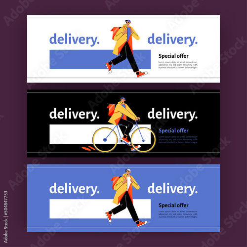 Delivery posters with man courier with backpack walk and ride on bike. Vector banners of fast shipping service with flat illustration of deliver man carry parcel or order