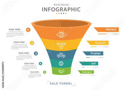 Infographic template for business. 5 Level Modern Sales funnel diagram with percentage, presentation vector infographic.