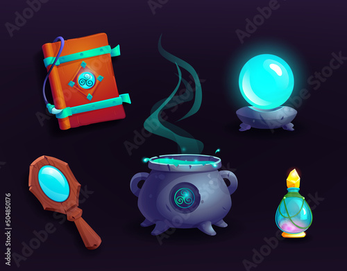 Magic witch cauldron with boiling potion, wizard book of spell, poison in glass flask with gold crystal. Vector cartoon game icons set of mirror in wooden frame and fortune teller sphere