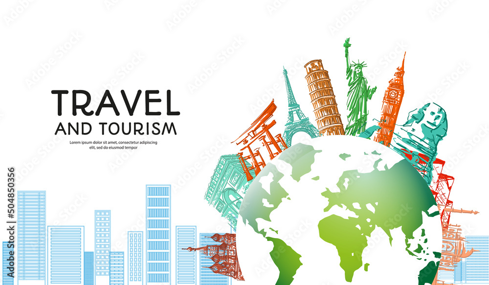 Travel to World with famous landmarks colorful with city hand drawn sketch style for travel poster and postcard, Vector illustration.