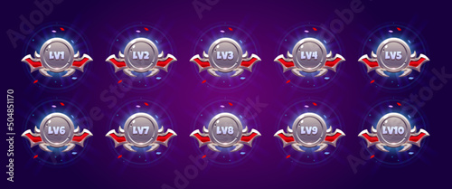 Game metal badges with level number. Vector cartoon set of silver achievement rank emblems with frame of bat wings, round labels of game level isolated on background
