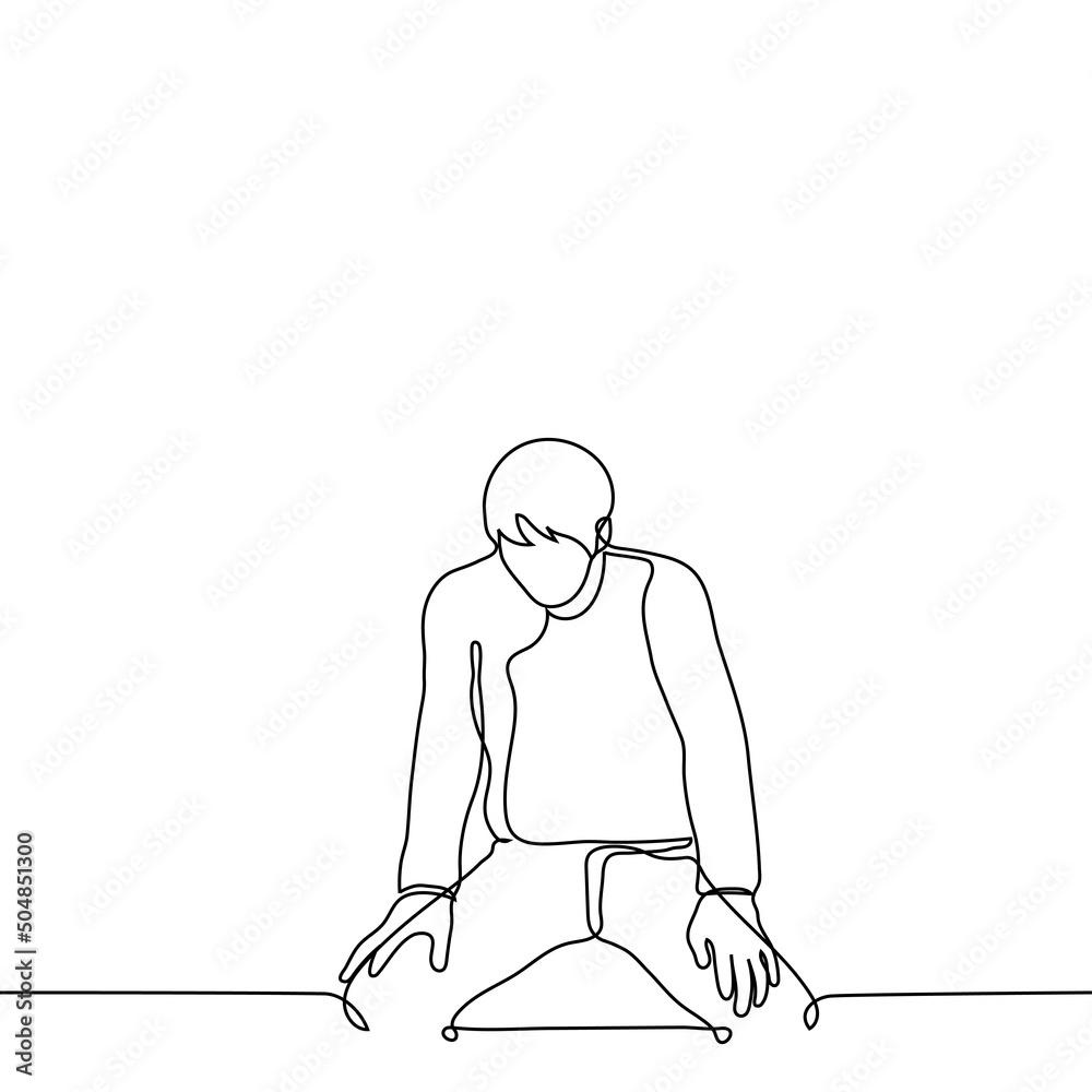 Man Sits Leaning Forward With His Legs Spread Out To The Sides One Line Drawing Vector