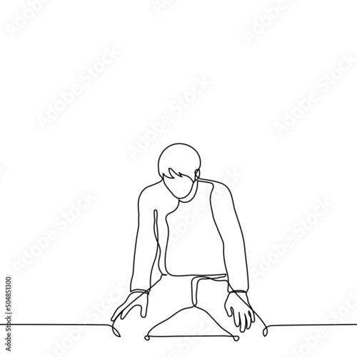 man sits leaning forward with his legs spread out to the sides - one line drawing vector. concept of fatigue or spread legs in public transport
