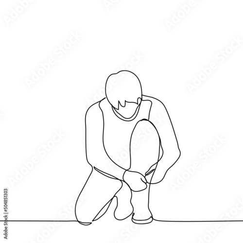 man crouched down and tying shoelace - one line drawing vector. the concept of untied shoelace, changing shoes