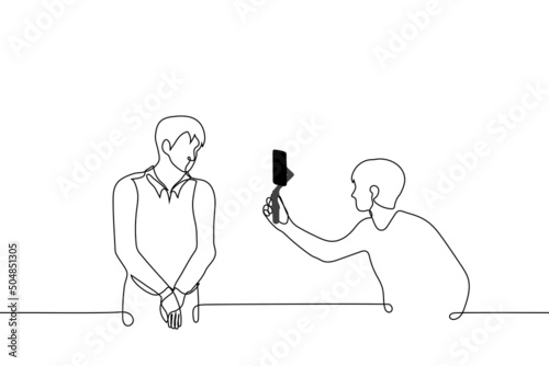 operator shoots shy man on phone with a stabilizer - one line drawing vector. concept of shooting content for video blogger, interviewing, shooting vertical video