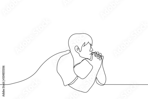 man lay down on his elbows with interlaced fingers - one line drawing vector. concept of thinking, listening, judging, thinking