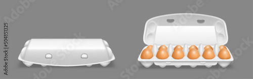 Carton egg tray, blank box package mock up. Vector realistic mockup of 3d open and closed cardboard container for dozen chicken eggs isolated on transparent background
