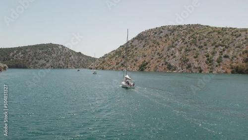 Aerial shoot sailing yachts in the Adriatic Sea. Croatia. 