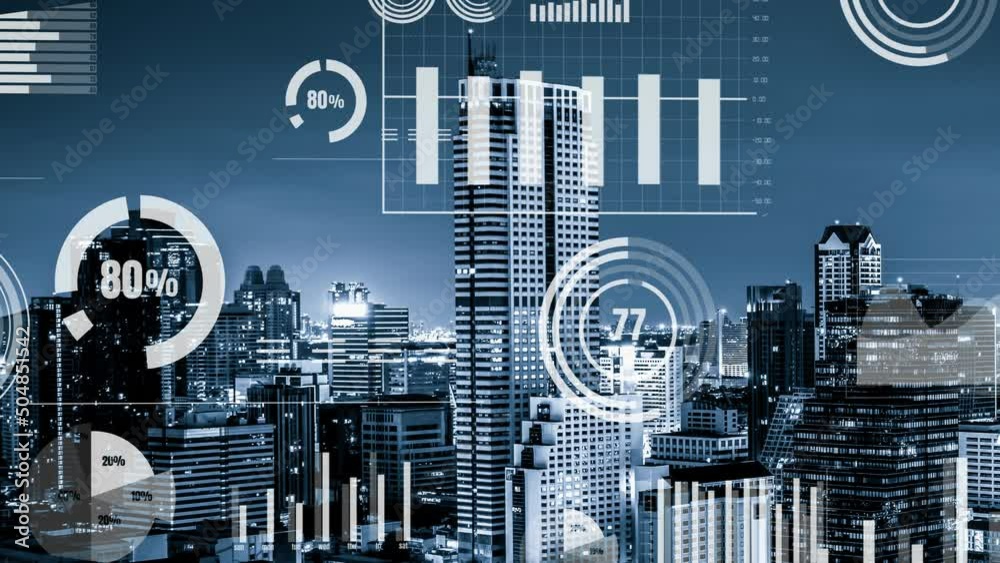 Business data analytic interface fly over smart city showing alteration future of business intelligence. Computer software and artificial intelligence are used to analyze big data for strategic plan .