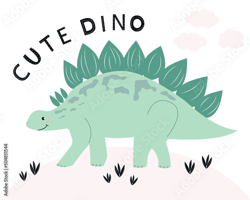 Cute dino hand drawn illustration. Funny dinosaur. Baby design of T-shirts  postcards  textiles  stickers. Wall art nursery. Kids print. Cartoon poster. Stegosaurus