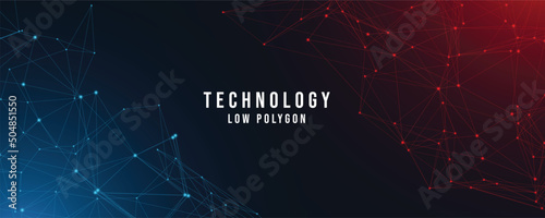 abstract technology low poly or polygonal background from lines, dots and glowing particles with red and blue lights