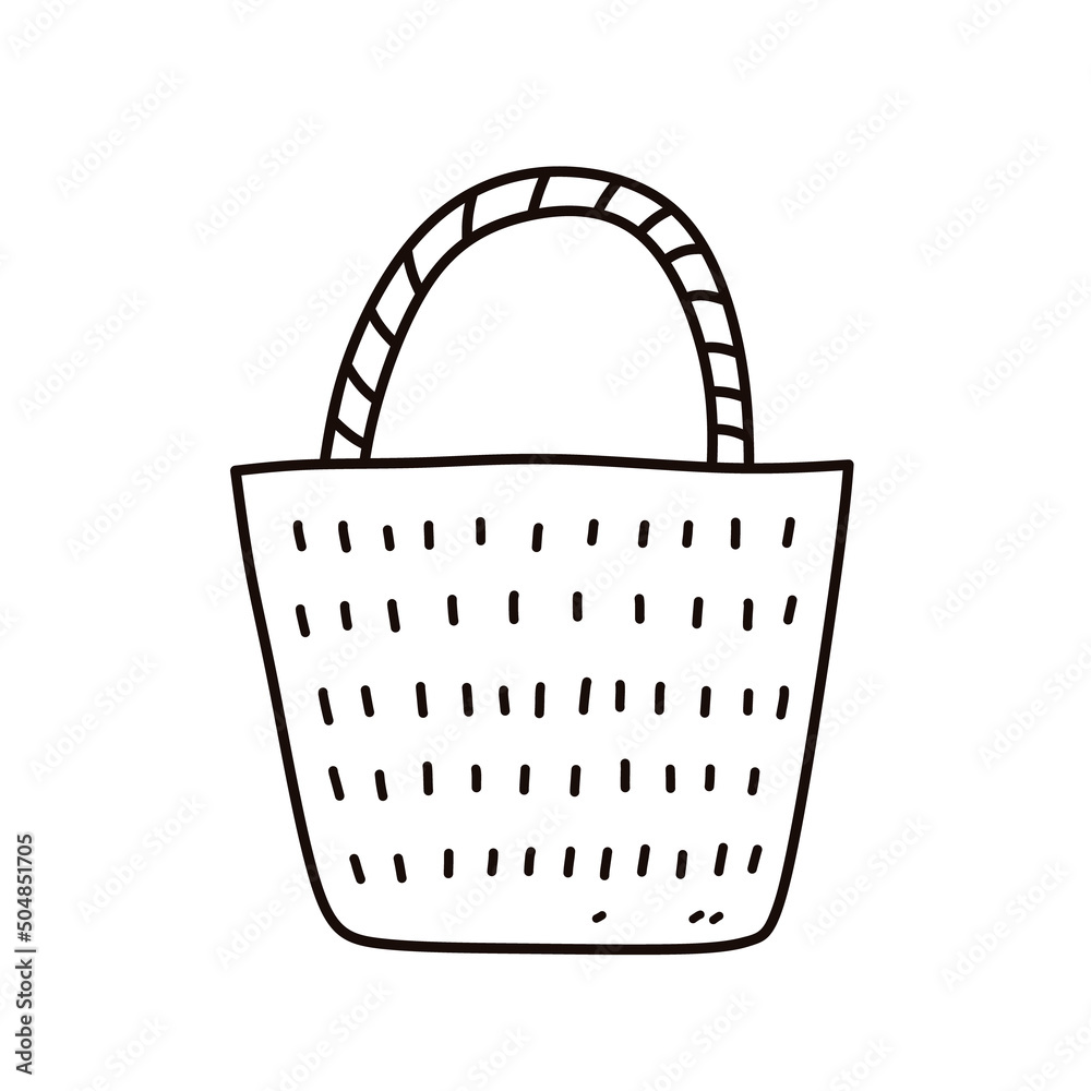 Straw beach bag isolated on white background. Summer holiday accessory. Vector hand-drawn illustration in doodle style. Perfect for logo, card, various designs, decorations. Straw beach bag isolated on white background. Summer holiday accessory. Vector hand-drawn illustration in doodle style. Perfect for logo, card, various designs, decorations.