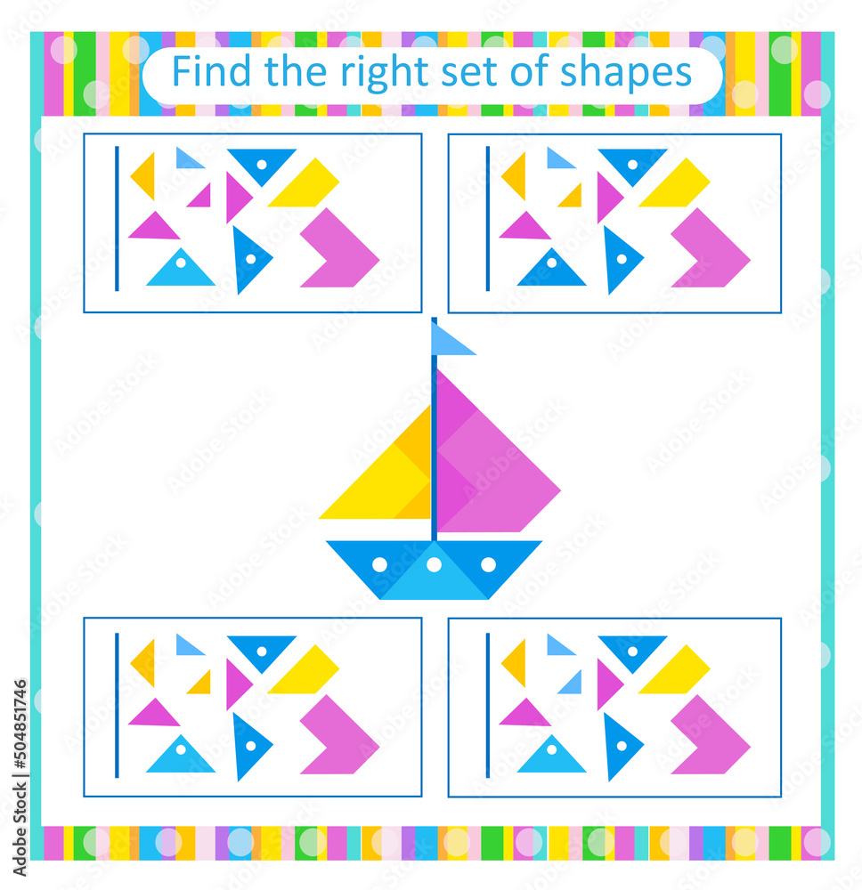 Educational logical game for kids. Find the right set of geometric shapes. Preschool worksheet activity