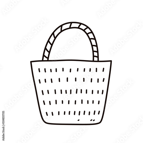 Straw beach bag isolated on white background. Summer holiday accessory. Vector hand-drawn illustration in doodle style. Perfect for logo, card, various designs, decorations.