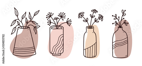 Set of abstract floral doodles with color organic shapes. Minimalist vases with flowers isolated on white background. Vector hand-drawn illustration. Perfect for cards, decorations, logo, posters.