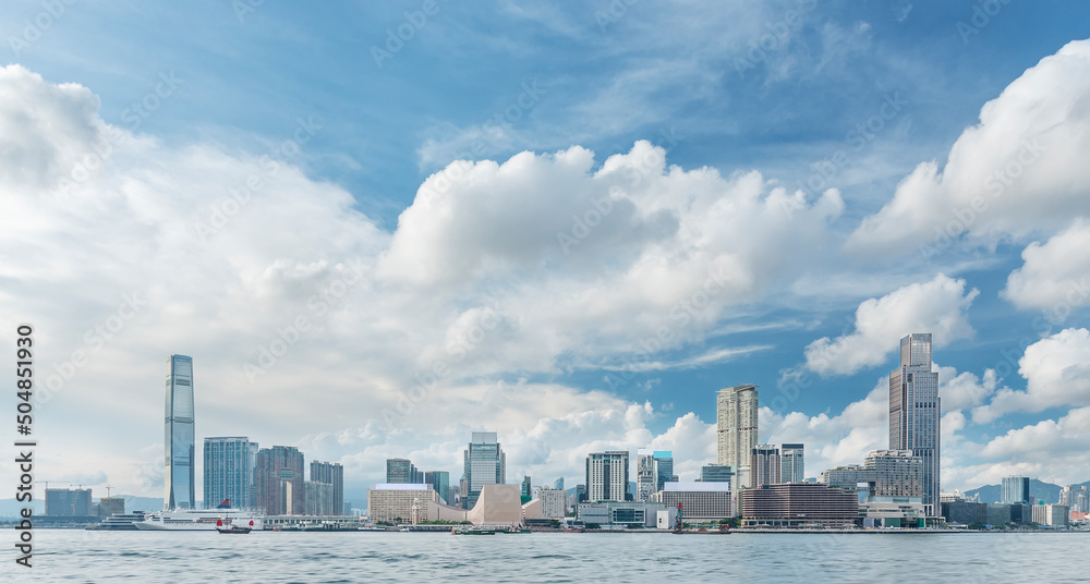 Skyline and promenade of Victoria Harbor of Hong Kong city