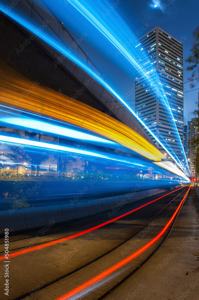 Night traffic in downtown of Hong Kong city - obrazy, fototapety, plakaty 