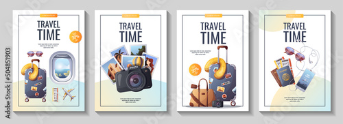 Set of flyers for travel, tourism, adventure, journey. Suitcase, airplane, camera, travel bag, passport and tickets. A4 vector illustration, flyer, cover, banner template.