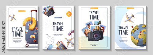 Set of flyers for travel, tourism, adventure, journey. Suitcase, airplane and globe, camera. A4 vector illustration, flyer, cover, banner template.