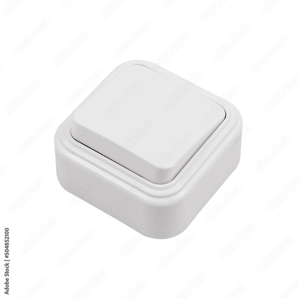 Built-in light switch with 1 key isolated on a white background. Photograph of the switch front and back. Built-in light switch with 1 key isolated on a white background. Photograph of the switch front and back.