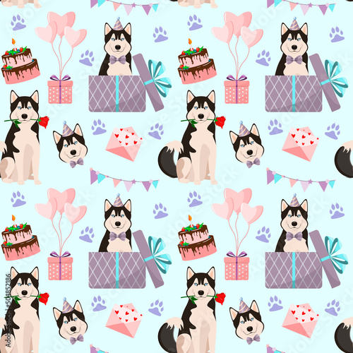 Festive seamless pattern with husky dogs. Cartoon design.


