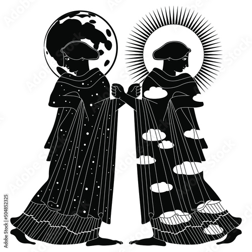 Two ancient Greek women as cloudy day with shining sun and starry night with full moon. Creative concept. Unity of opposites. Black and white silhouette.