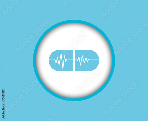 Medical capsule, a pill, a cardiogram icon inside.