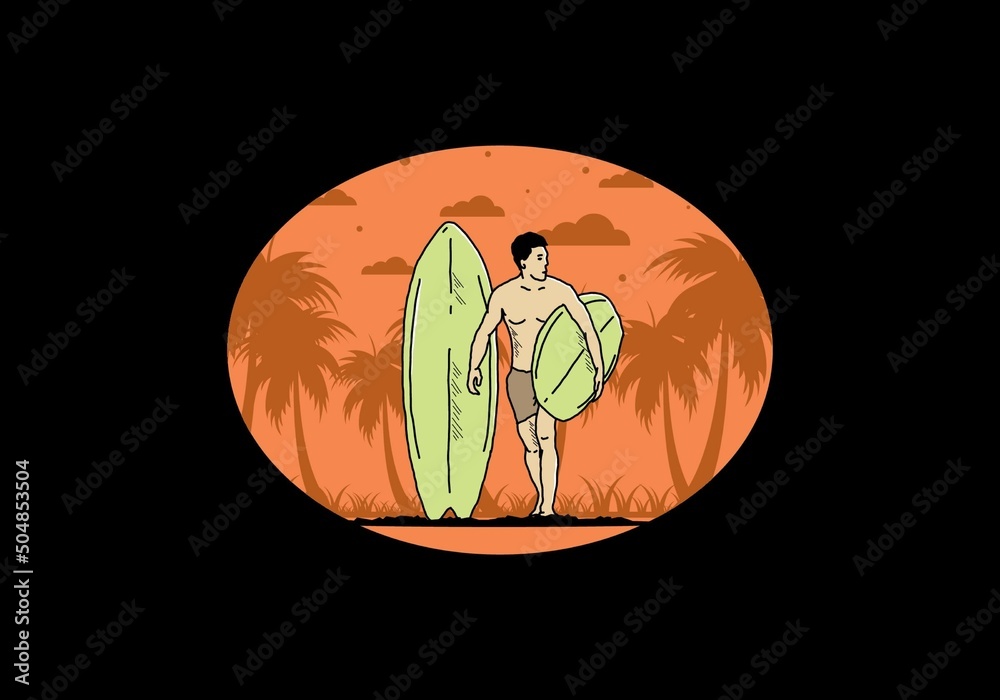 The shirtless man holding surfboard illustration