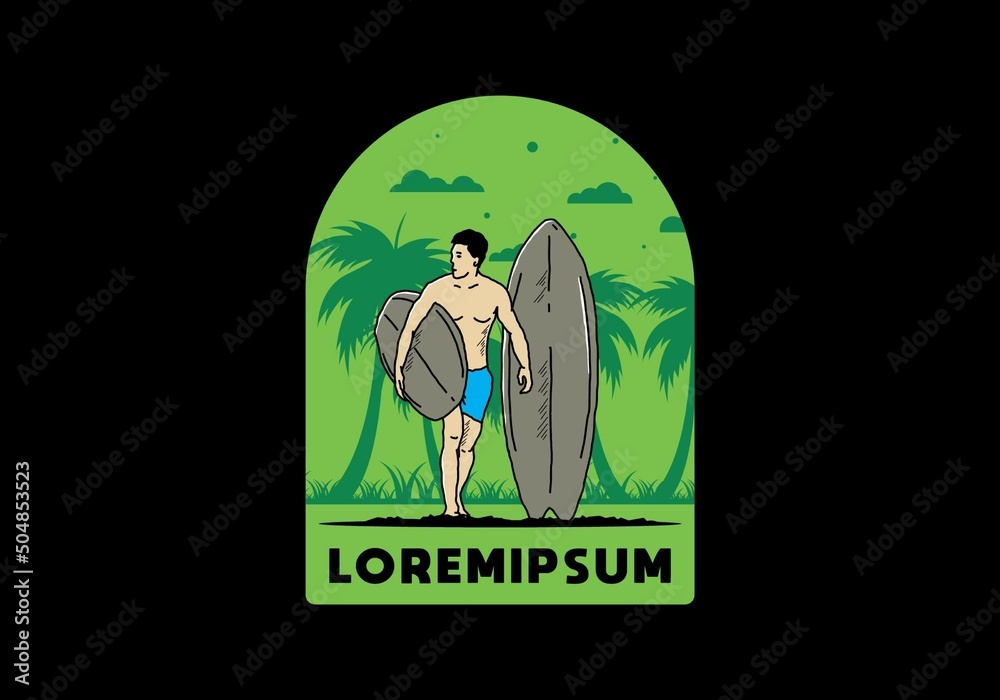 The shirtless man holding surfboard illustration
