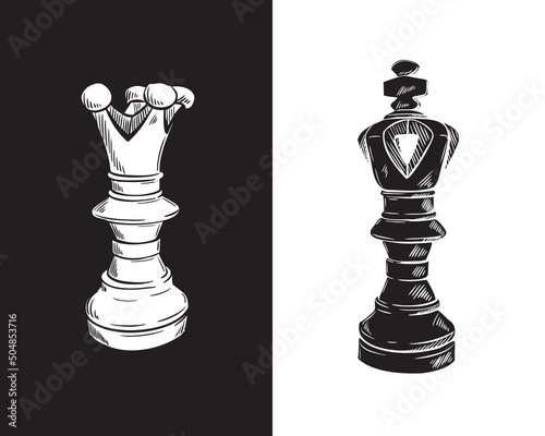  Queen and king chess piece in the sketch style. Vector hand-drawn illustration.