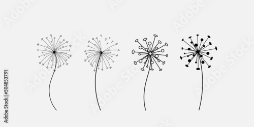 Hand drawn set of black dandelion  dandelion with flying seeds in cute doodle style. Vector illustration for fabric  card design  print  stamp or baby clothings.