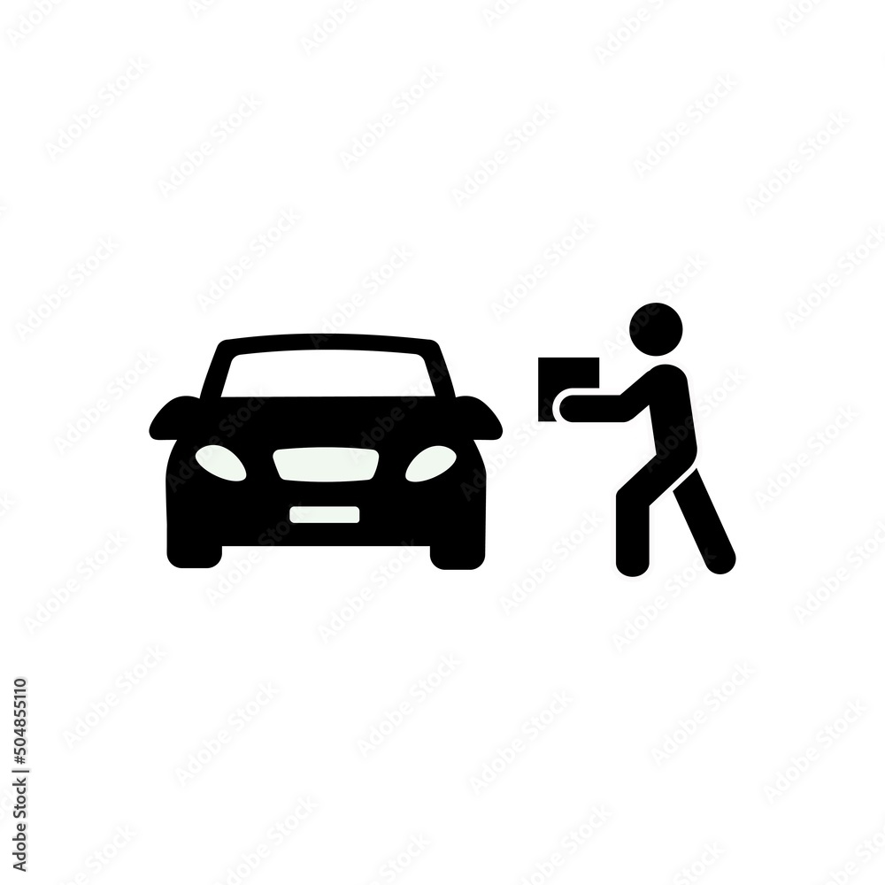 Curbside pickup glyph icon. Transporting big cargo into car trunk. Delivered parcel box. Contact-free delivery concept.Filled flat sign. Isolated silhouette vector illustration Curbside pickup glyph icon. Transporting big cargo into car trunk. Delivered parcel box. Contact-free delivery concept.Filled flat sign. Isolated silhouette vector illustration