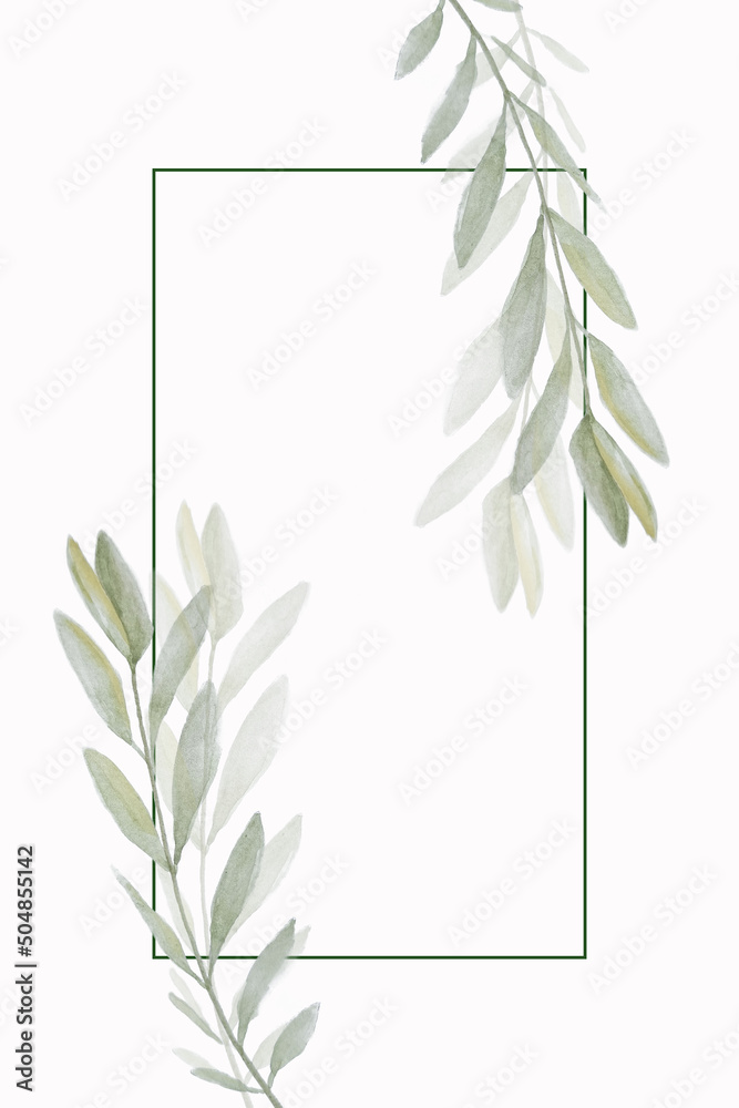 Green leaves frame watercolor with hand drawn olive branches for decor or holiday invitations and congratulations