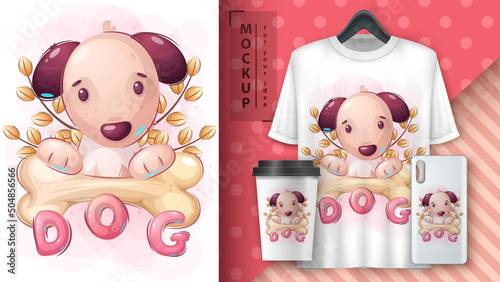 Dog with bone poster and merchandising