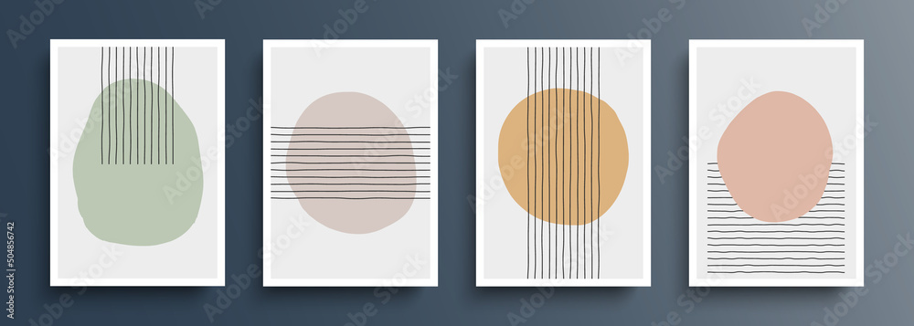 Circles and lines. Set of abstract creative minimalist artistic hand drawn composition. Graphic template with primitive shapes elements. Vector illustration.