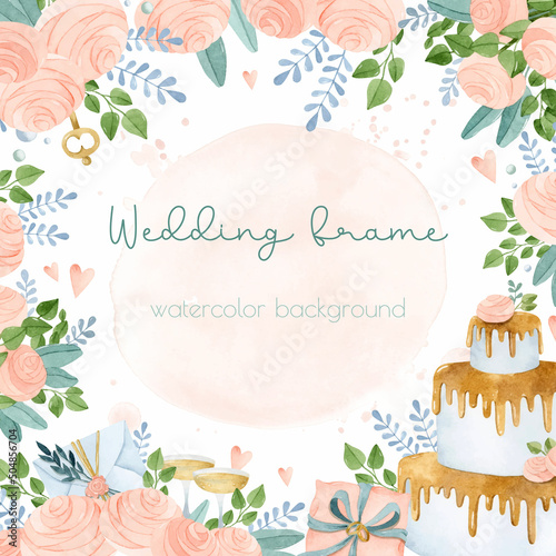 Floral watercolor frame with pink roses and wedding cake and golden rings on pillow background