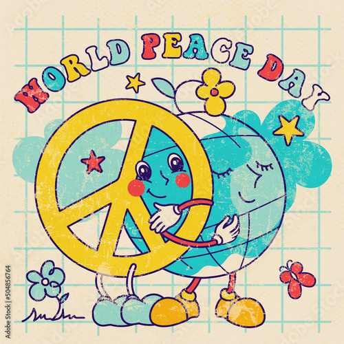 Vintage groovy World Peace Day concept.Funny Friends:Earth, Peace.Cute Globe, smile peace with character face.Old sharpen 70's style graphic with slogan.Save green planet and pacefistic illustration