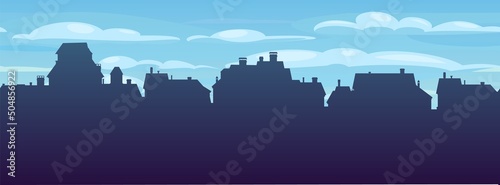 Street silhouette with cloudy weather. Small city houses residential quarters. Cityscape with buildings Housing. Horizontal seamless composition. Vector
