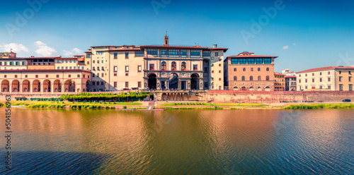 Exciting spring cityscape of Florence with Old Palace (Palazzo Vecchio or Palazzo della Signoria) on background. Impressive morning scene of Italy, Europe. Traveling concept background.