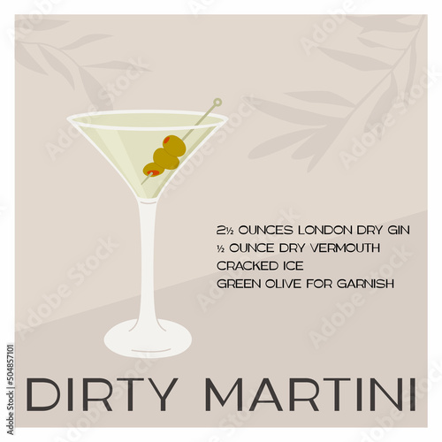 Dry Martini Cocktail in glass with ice and stuffed olives on skewer. Summer aperitif recipe retro elegant square card. Print with alcoholic beverage and olive tree on background. Vector illustration.